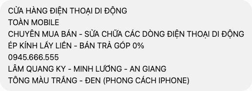 Nội dung khách gửi cho danh thiếp Toàn Mobile