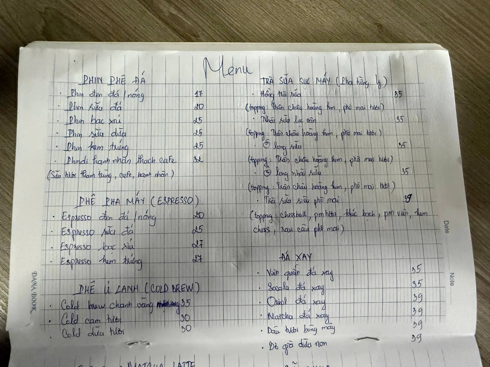 Menu viết tay khách gửi