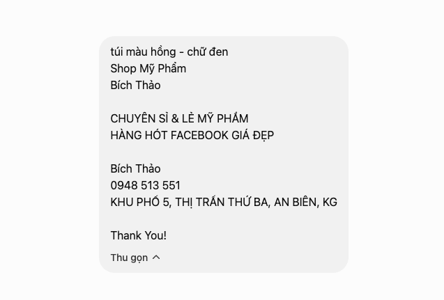 Nội dung khách gửi cho túi shop mỹ phẩm